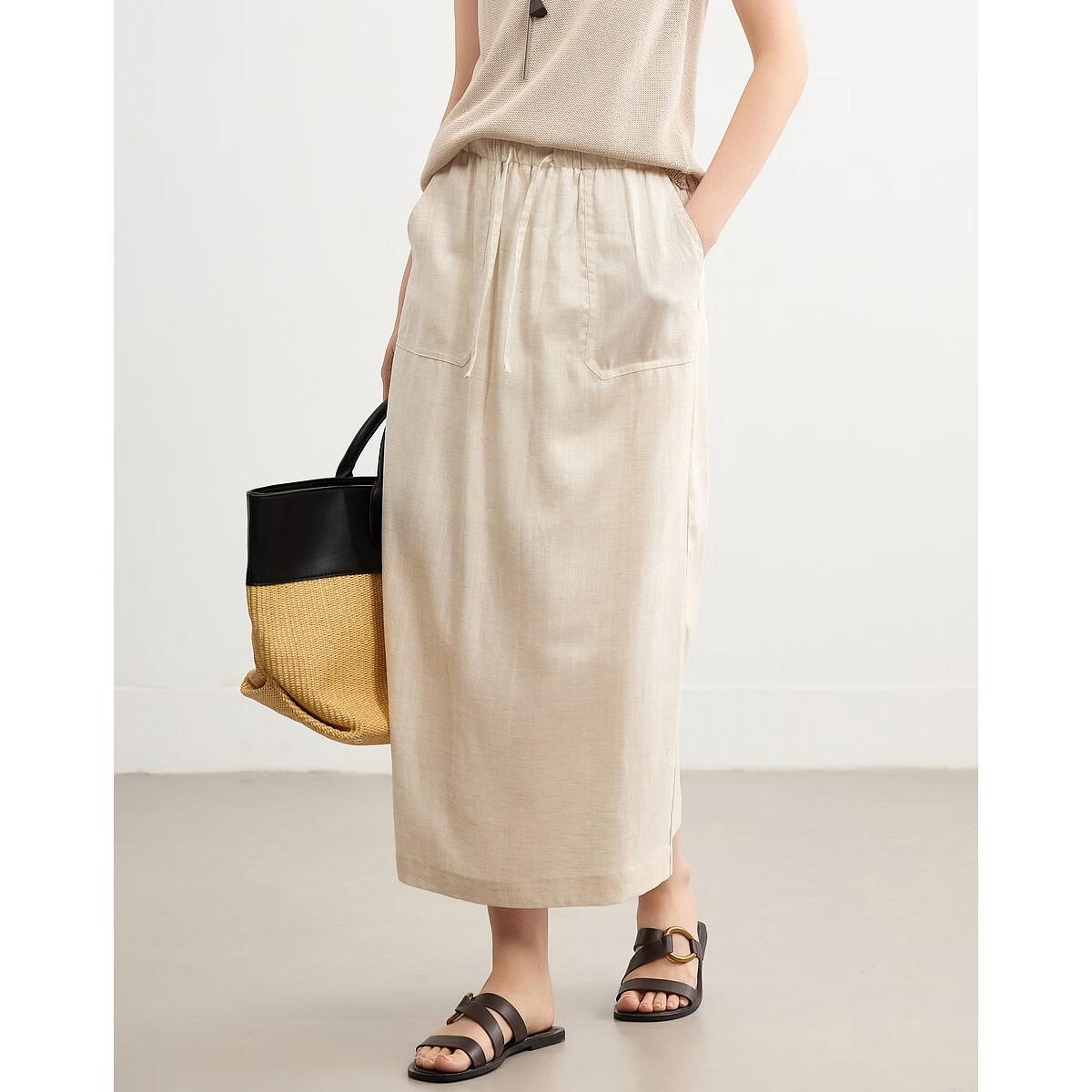 Demana [with Linen Lyocell] Summer Minimalist Commuter Split Drawstring Elastic Waist Slimming Mid-Length Skirt for Women