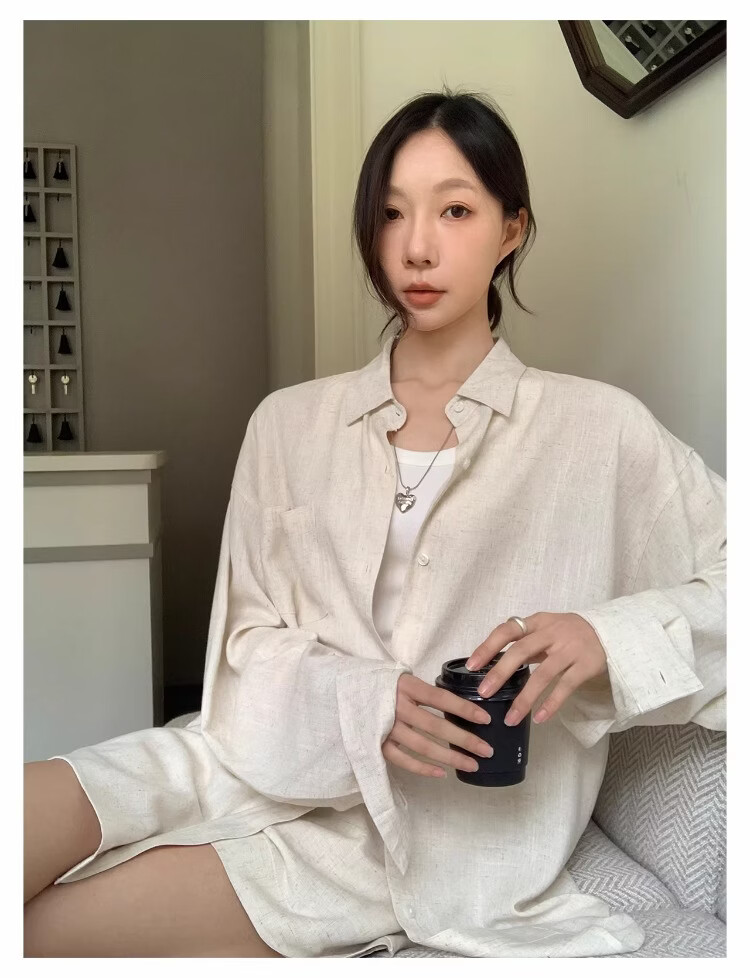 ICH MODE "Bangkok Holiday" Linen Shirt Women Lazy Style Physical Sun Protection Long Sleeve Shirt Linen Color L 24