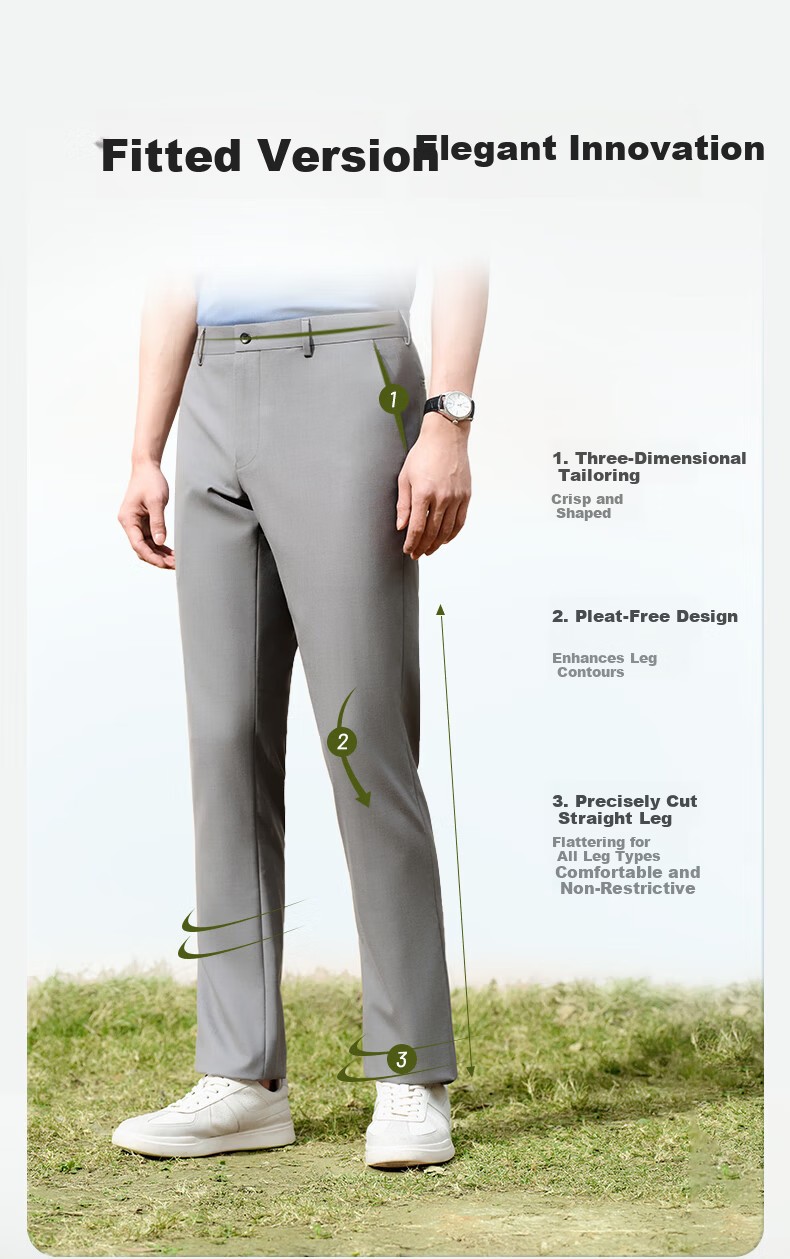 Goldlion Antibacterial 25 Spring Summer Men's Slim Fit Machine Washable Wool Business Dress Pants Gray 32 7
