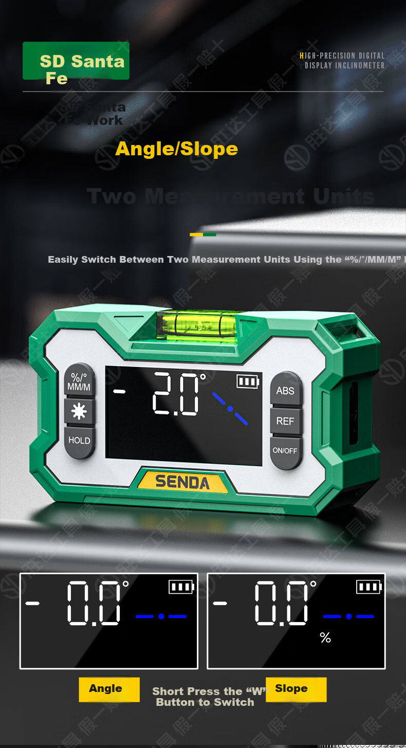Shengda High-Precision Digital Inclinometer Box Electronic Digital Display Green Light Level with Magnetic Angle Meter Slope Gradient Ruler 8