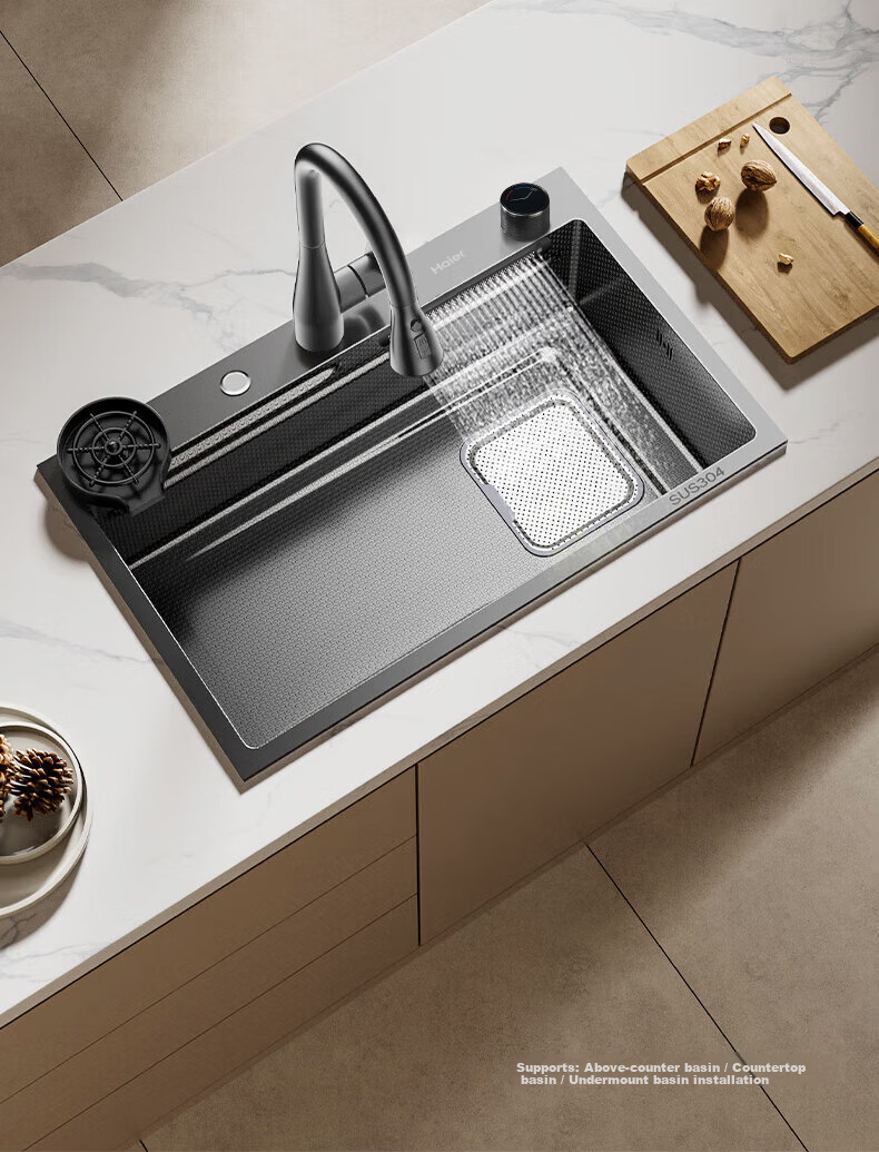 Haier Large Single Bowl Kitchen Sink Thickened 304 Stainless Steel Sink with Strainer and Drain Basket Waterfall Dishwashing Basin 1
