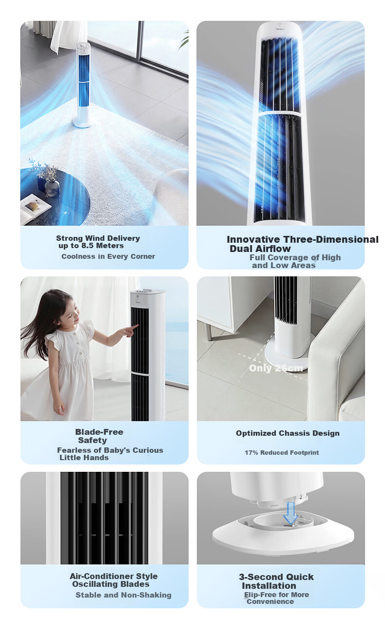 Midea [Mother and Baby Care] Dual Purification Bladeless Fan DC Inverter Quiet Tower Fan Voice Remote Control Floor Fan High Power Home Electric Fan AMS150J-GM 2