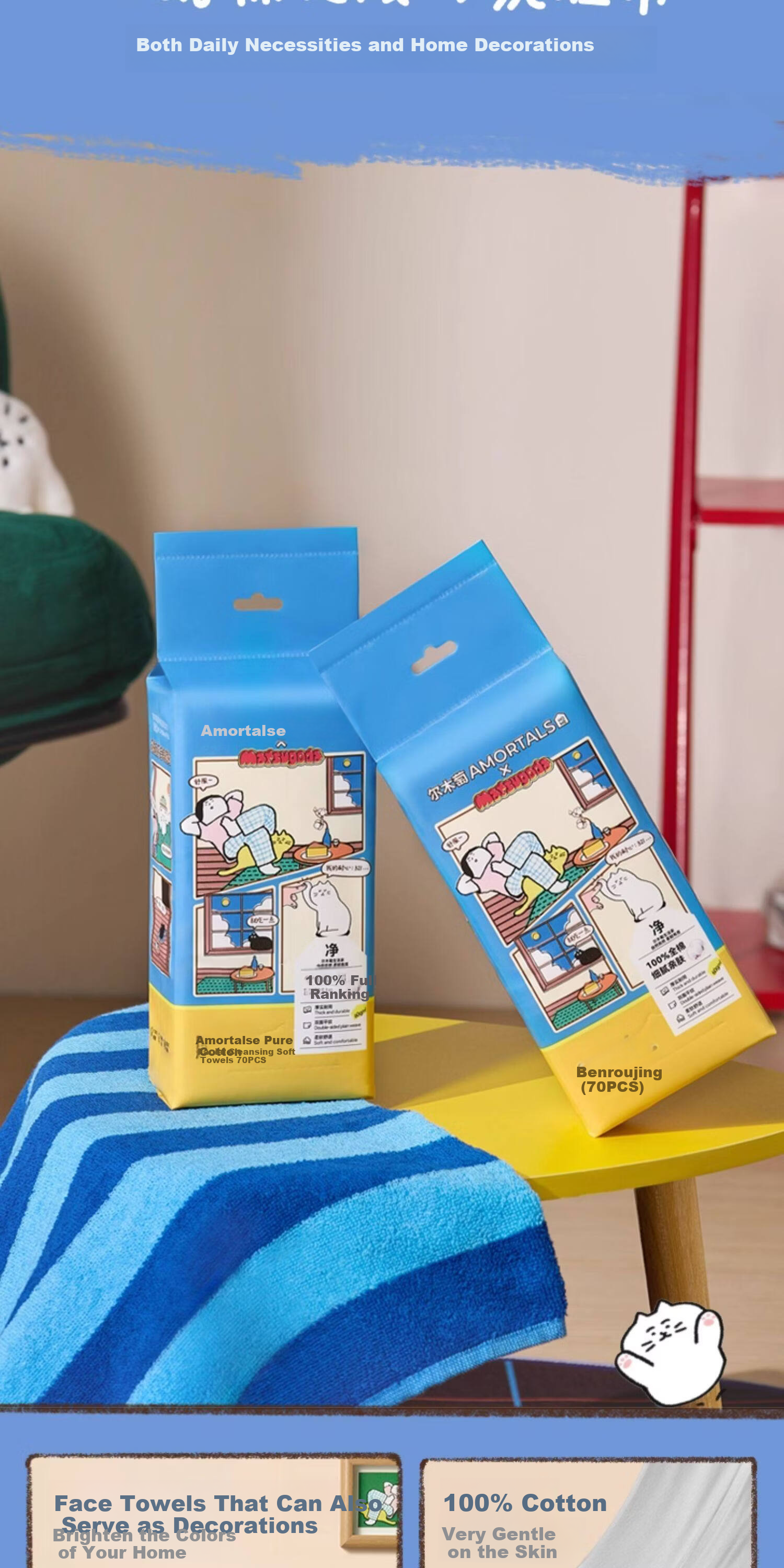 AMORTALS 【MATSUGODA Collaboration】Cotton Facial Cleansing Towels Disposable Soft Cotton Face Wipes 70 Sheets*1 Pack 5