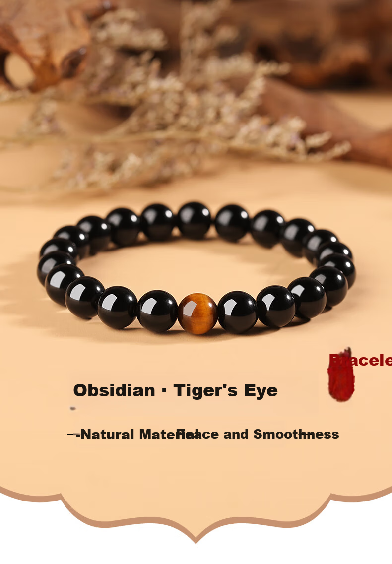 Jinshiling Natural Obsidian Bracelet Unisex Tiger Eye Stone Fortune Beads Buddhist Prayer Beads Birthday Gift for Elders in Zodiac Year 1