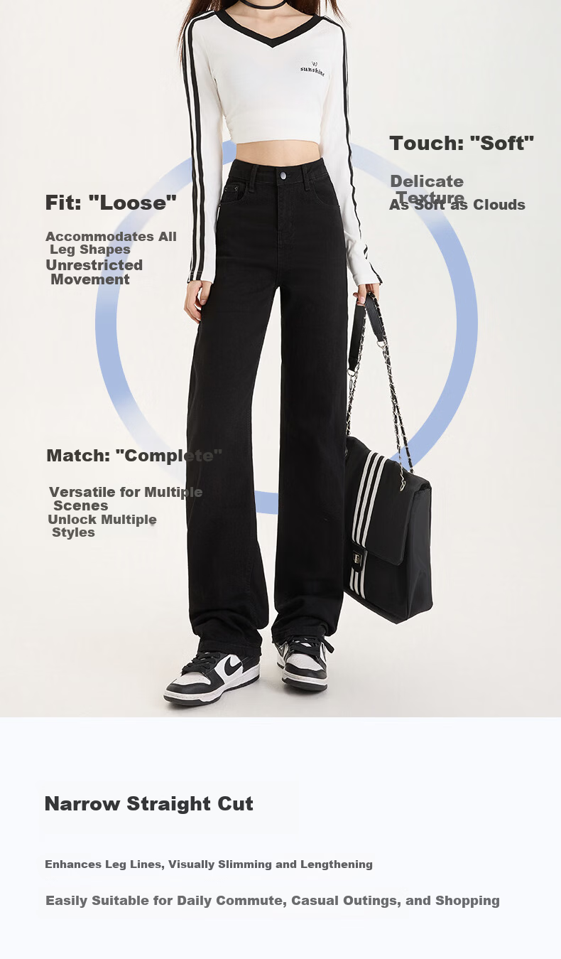 Borui Narrow Fit Women's Jeans 2026 New Spring Autumn High Waist Straight Leg Black Cigarette Pants Casual Trousers 9
