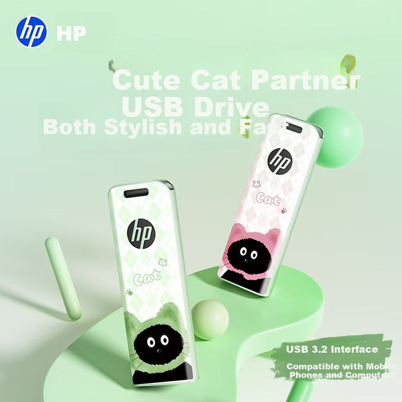 HP 32GB USB 3.2 Flash Drive Strawberry Meow High-Speed Metal USB Drive Cute Couple Student Data Backup Office USB Drive Up to 230MB/s