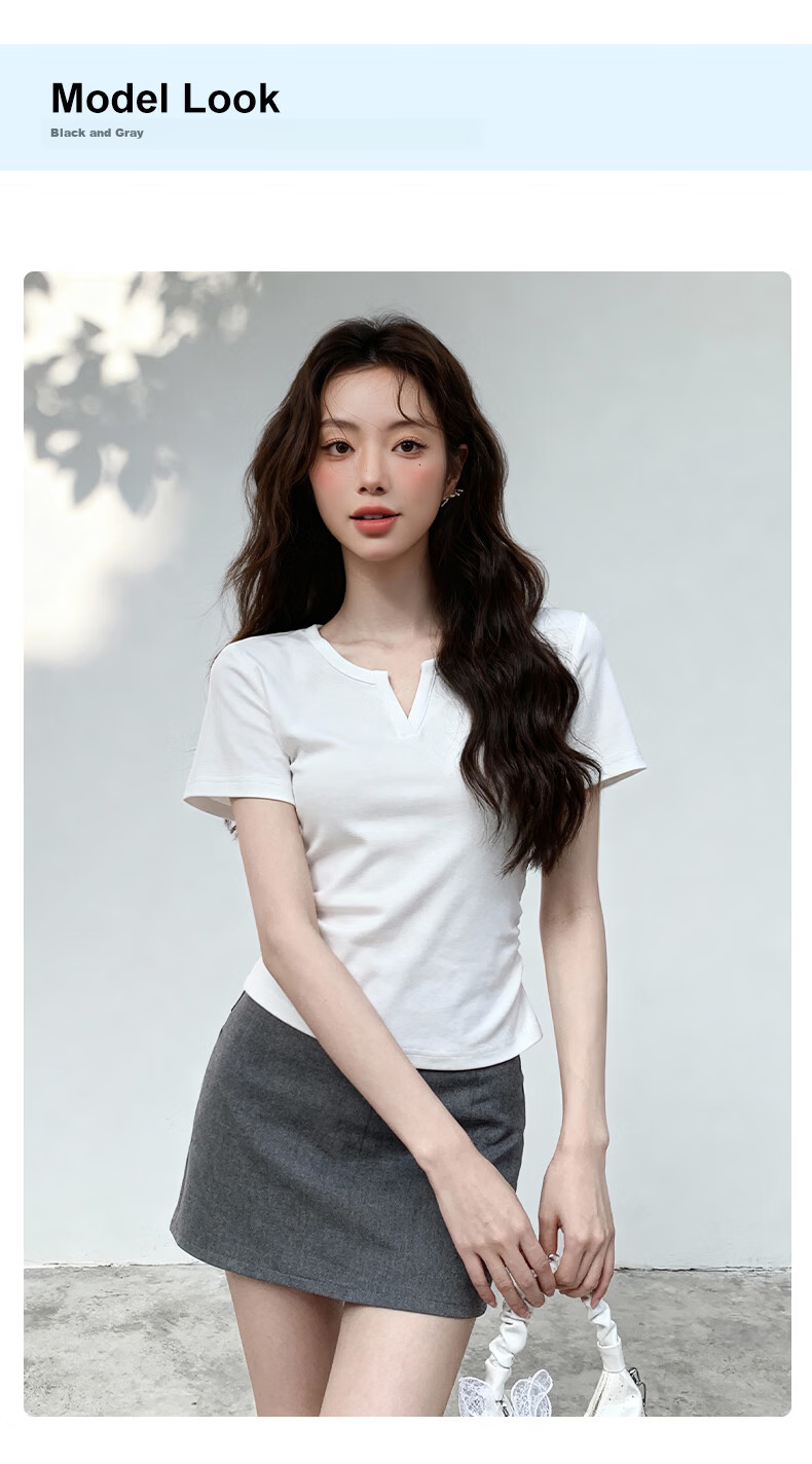 MJ STYLE V-Neck Slim Fit Short Sleeve T-Shirt for Women Summer 2026 New Waist Ruched Slimming Versatile Basic Top 2