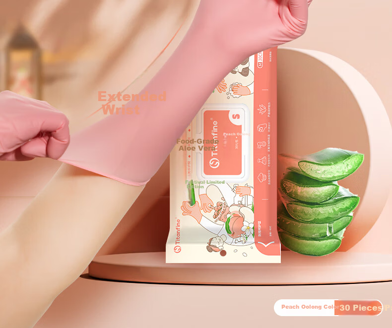 Titanfine Disposable Aloe Nitrile Gloves 30pcs M Size Household Dishwashing Food Grade Kitchen Cleaning Extended Peach Color 3