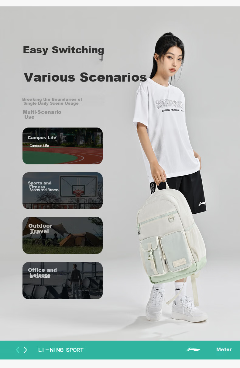 LI-NING Badminton Bag Unisex Multifunctional Large Capacity Backpack Sports Outdoor Travel School Bag Black 14