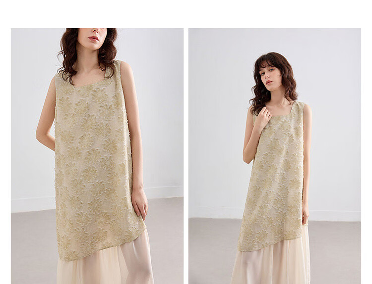 Demana Summer Faux Two-Piece Spliced Chiffon Lightweight Loose Sleeveless A-Line Mid-Length Dress with Cutwork and Print 5