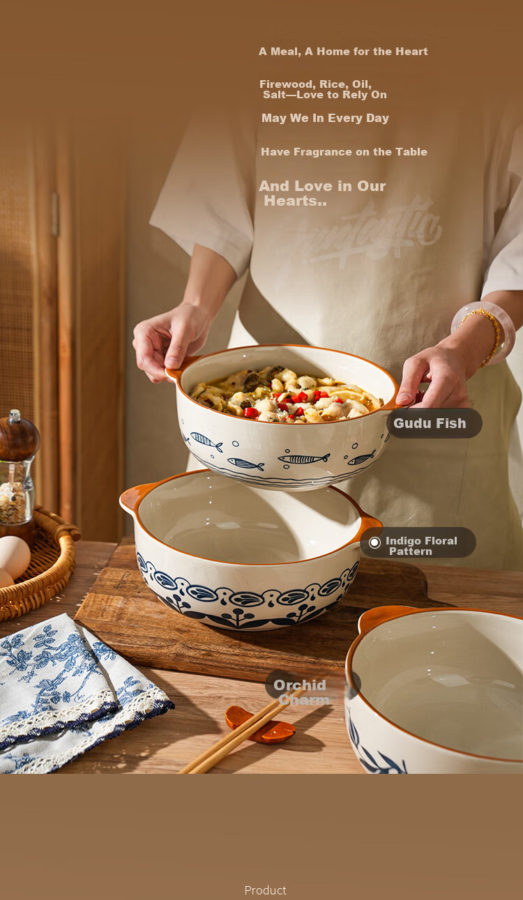 Shelly Vintage Ceramic Double-Handled Bowl Chinese Style Large Soup Bowl for Home Sauerkraut Fish and Spicy Hot Pot High-Temperature Underglaze Color Tableware 10