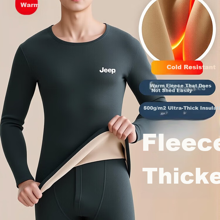 JEEP Men's Thermal Underwear Set Fleece Lined Thickened Autumn Winter Cotton Soft Base Layer