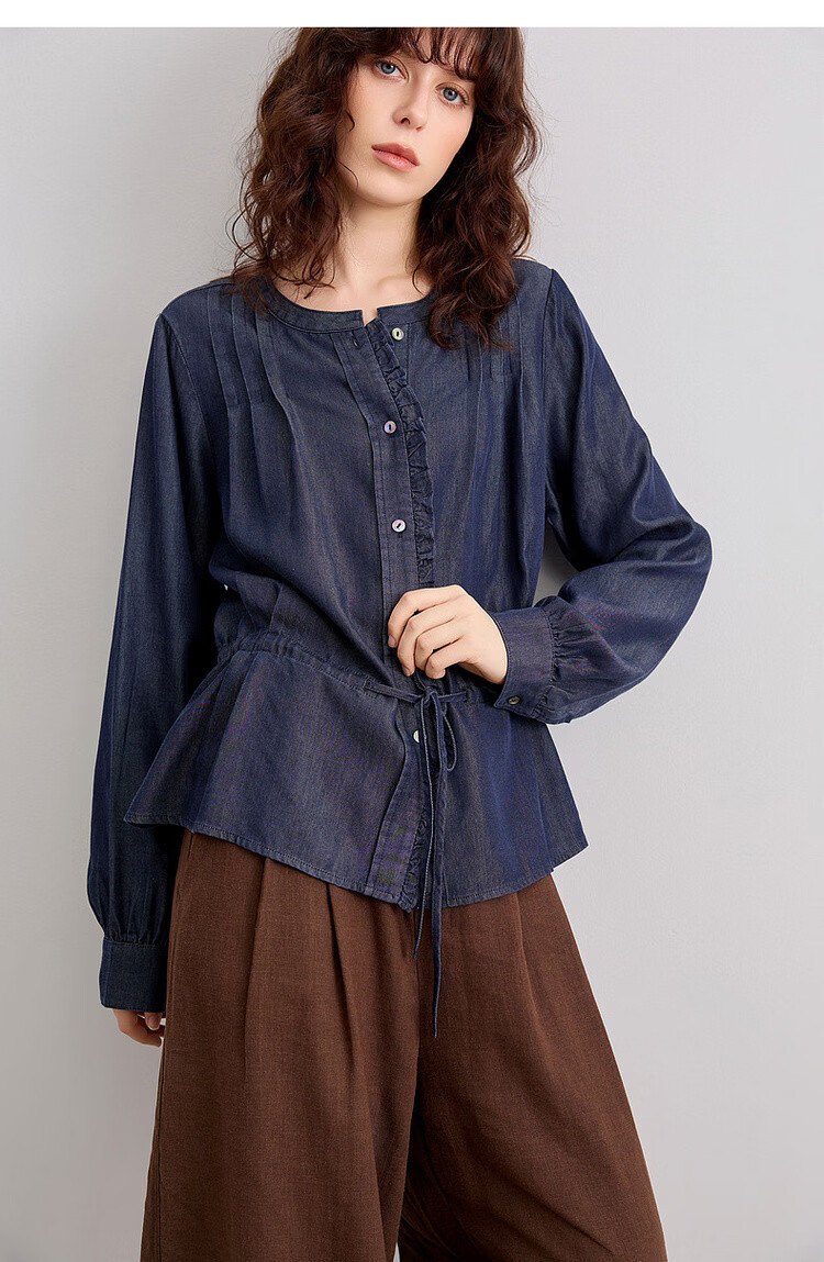Demana [100 Lyocell] Spring French Style Round Neck Ruffle Drawstring Denim Shirt for Women Premium 15