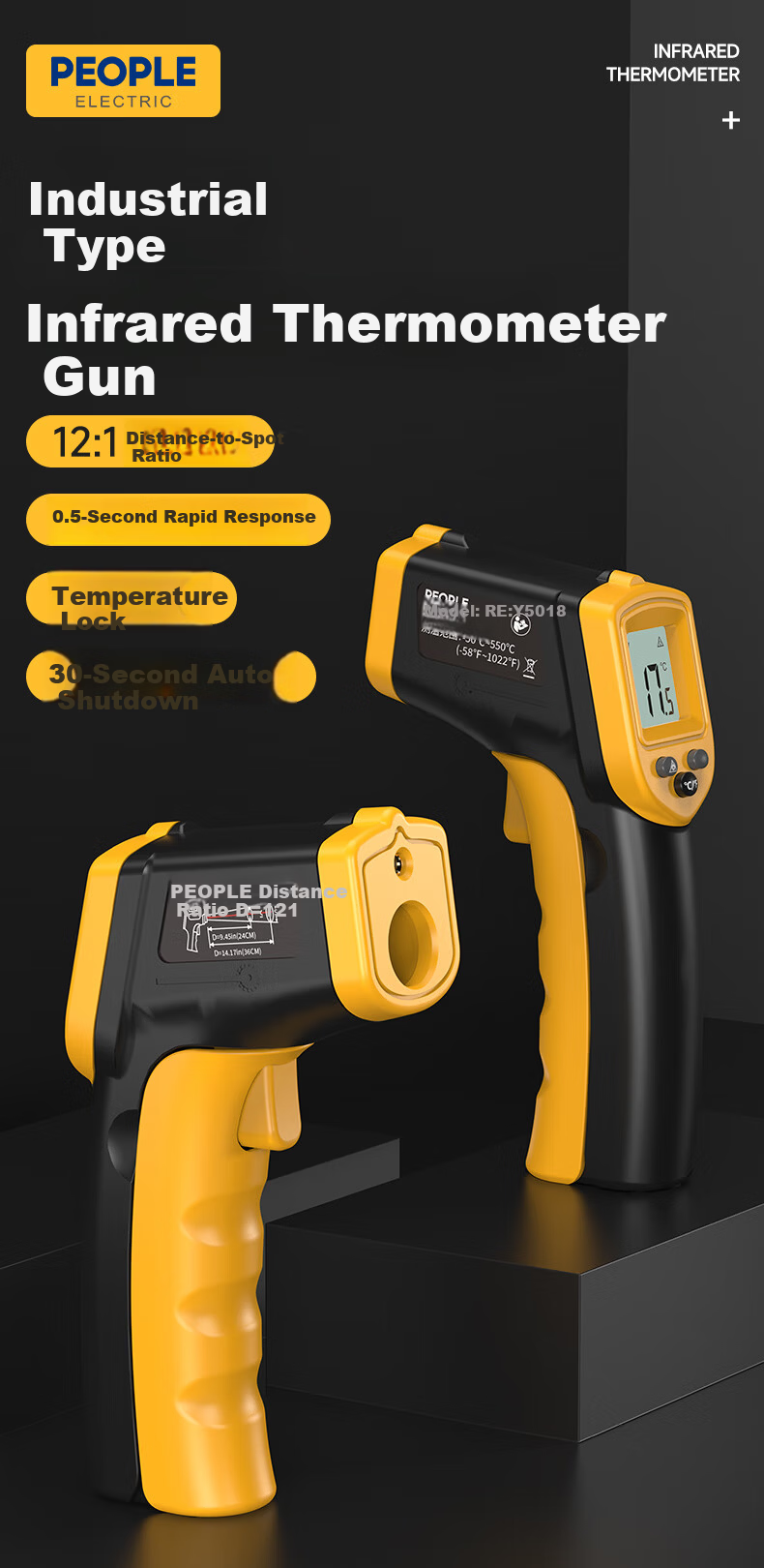 People Industrial Grade Infrared Thermometer High Precision Temperature Gun Water and Oil Temperature Gun -50~700℃ 1
