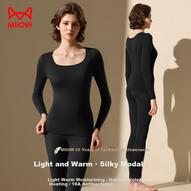MiiOW Thermal Fleece Heating Warm Underwear for Women Couples Modal Ultra-thin Slim Base Layer Autumn Top and Bottom Set Black L