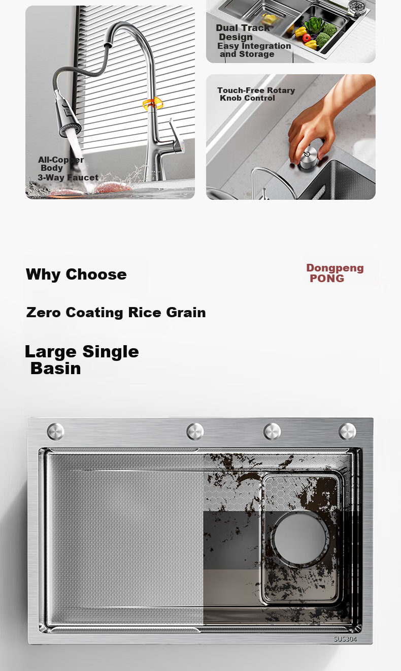 DONGPENG Kitchen Sink Integrated Basin 304 Stainless Steel Vegetable Washing Basin Large Single Bowl 2026 Latest Model 8045 Left Side 3