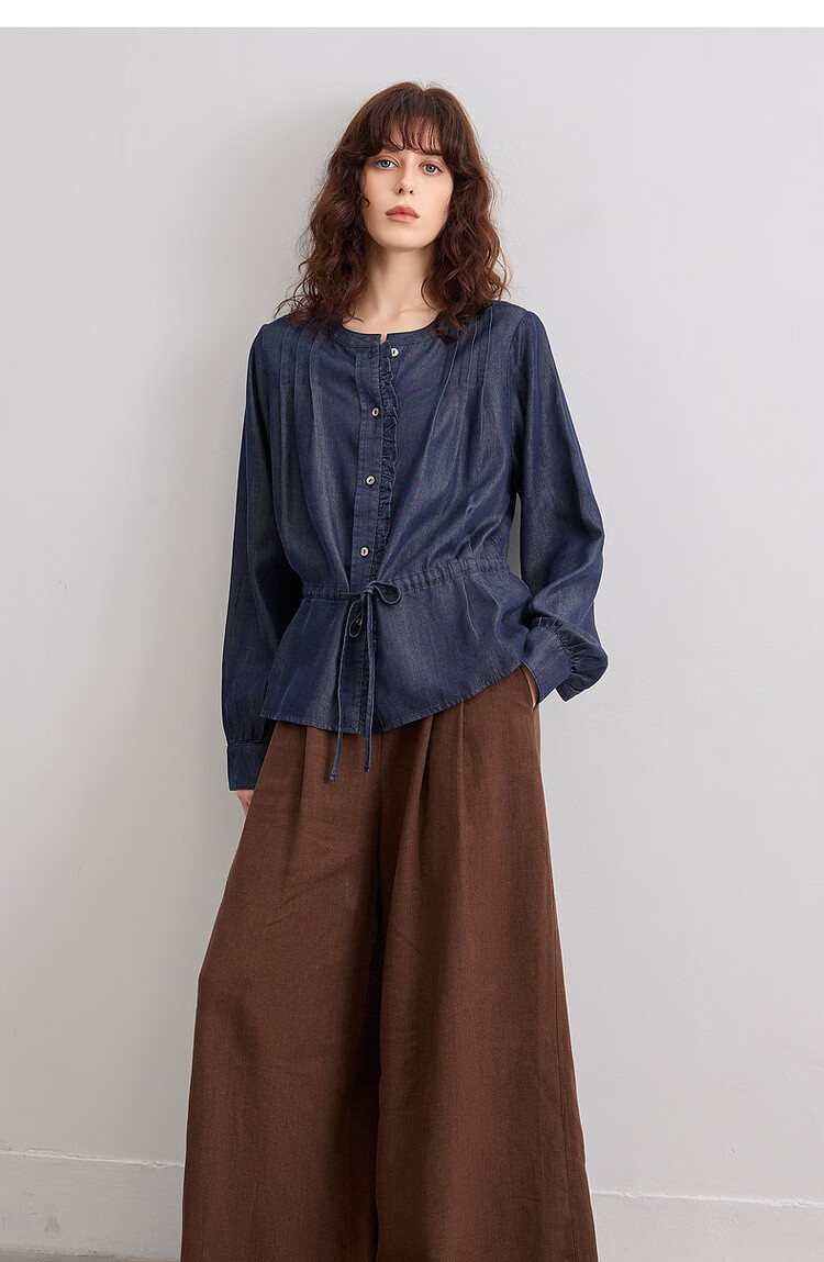 Demana [100 Lyocell] Spring French Style Round Neck Ruffle Drawstring Denim Shirt for Women Premium 16