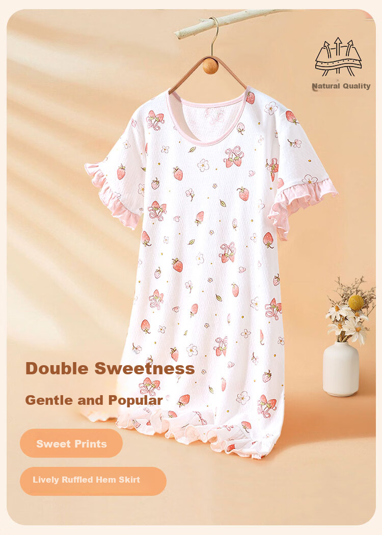 Cotton Girls' Nightgown 100% Pure Cotton Class A Big Kids Teen Summer Short Sleeve Sleepwear Homewear 2