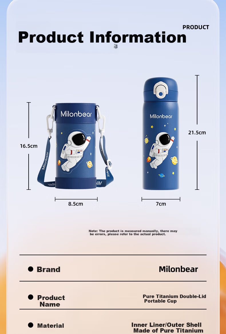 Milun Bear Pure Titanium Children's Insulated Water Bottle Elementary School Student Water Cup High-Value Portable Water Bottle Boys Girls Kindergarten School Straw Cup 12