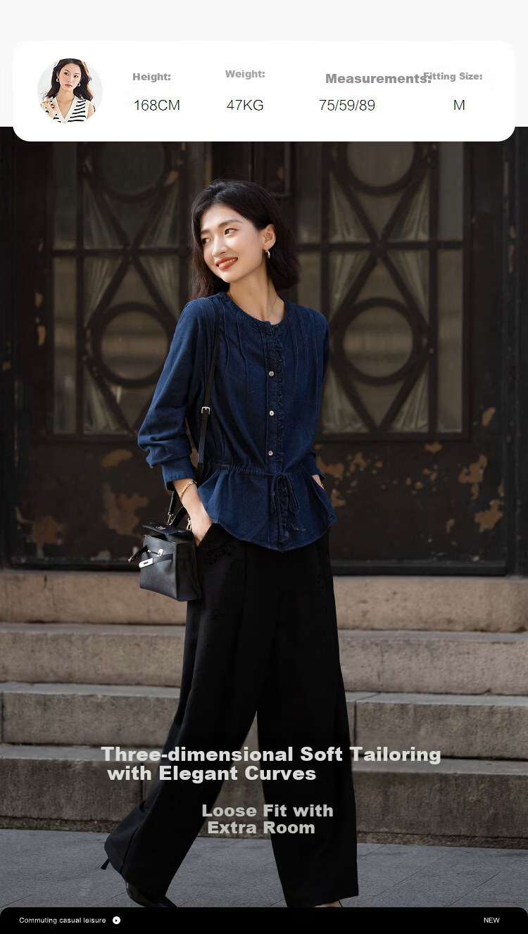 Demana Cloud Cotton 100 Lyocell French Style Round Neck Ruffle Drawstring Denim Shirt for Women Spring Autumn Premium 5