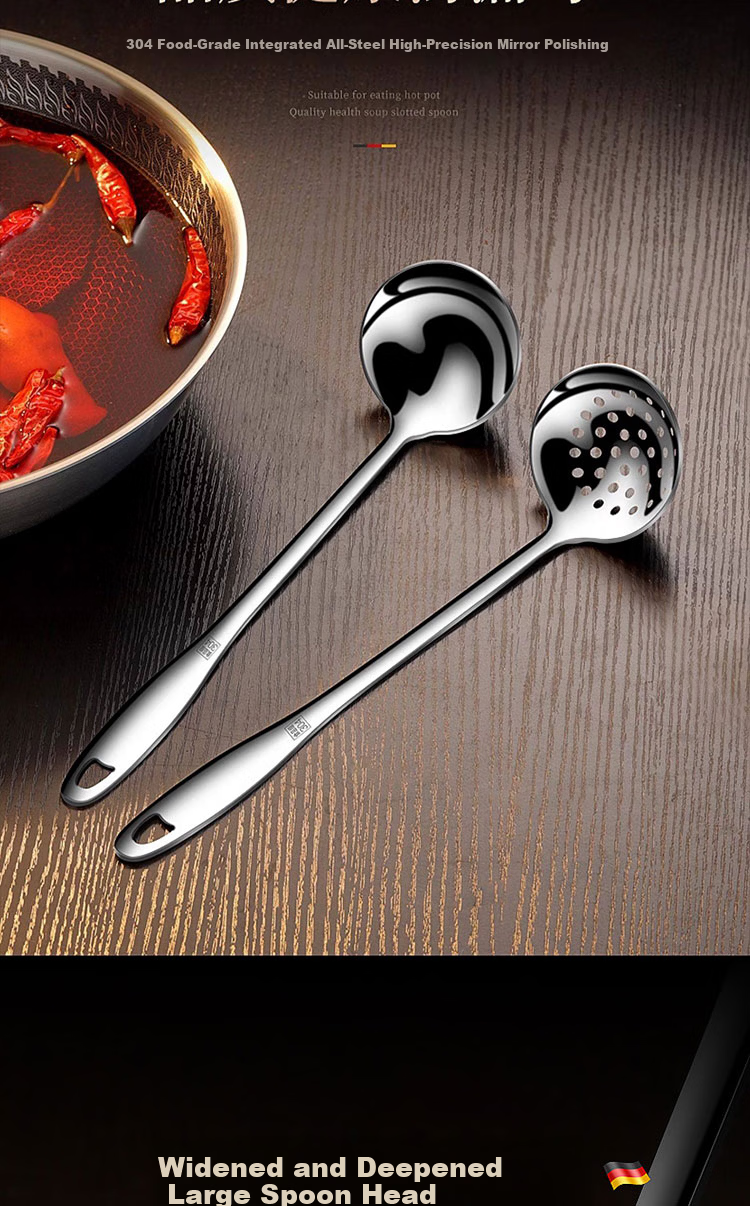 Jingmao 304 Stainless Steel Soup Spoon and Hot Pot Skimmer Two-Piece Set Household Food-Grade Long Handle Ladle Porridge Strainer Mesh 5