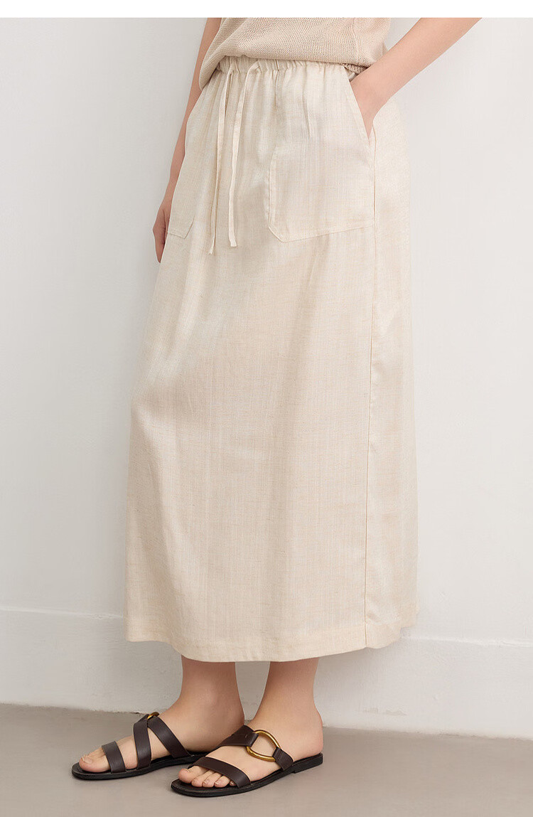 Demana [with Linen Lyocell] Summer Minimalist Commuter Split Drawstring Elastic Waist Slimming Mid-Length Skirt for Women 12