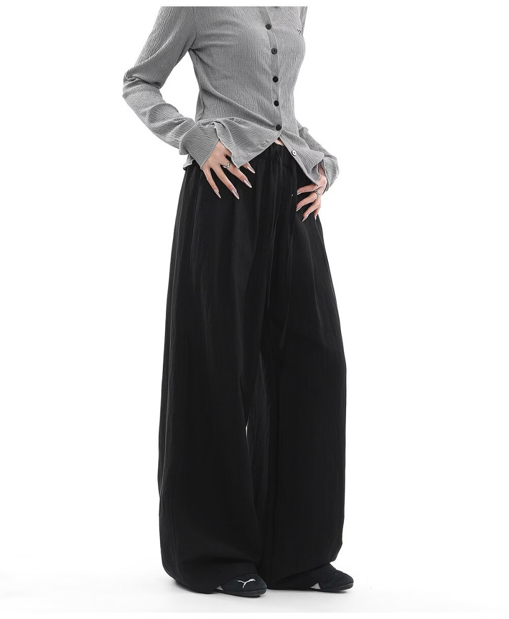 ICH MODE Women's Draped Linen Casual Pants New Loose Straight Wide-Leg Trousers Sports Pants Four Seasons Navy Blue S 17