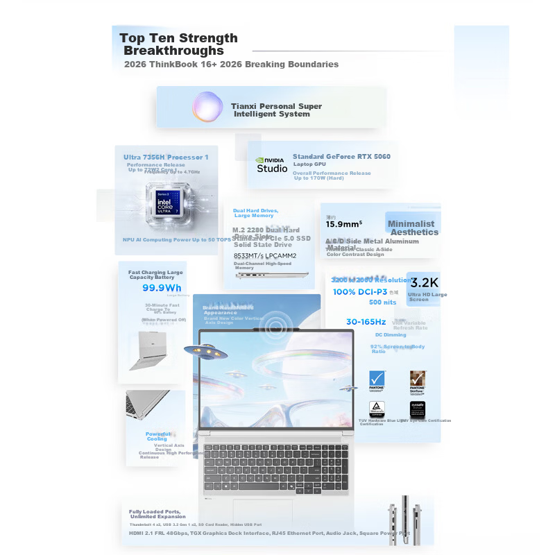 ThinkPad Lenovo Laptop ThinkBook 16+ 2026 AI All-in-One Intel Core Ultra7 356H RTX 5070 32GB 3.2K Moonlight Gray