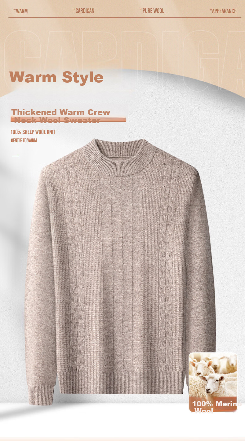 Hengyuanxiang Men's Thick Wool Sweater 100% Pure Wool Winter New Round Neck Casual Knitwear for Middle-aged and Young Men 1