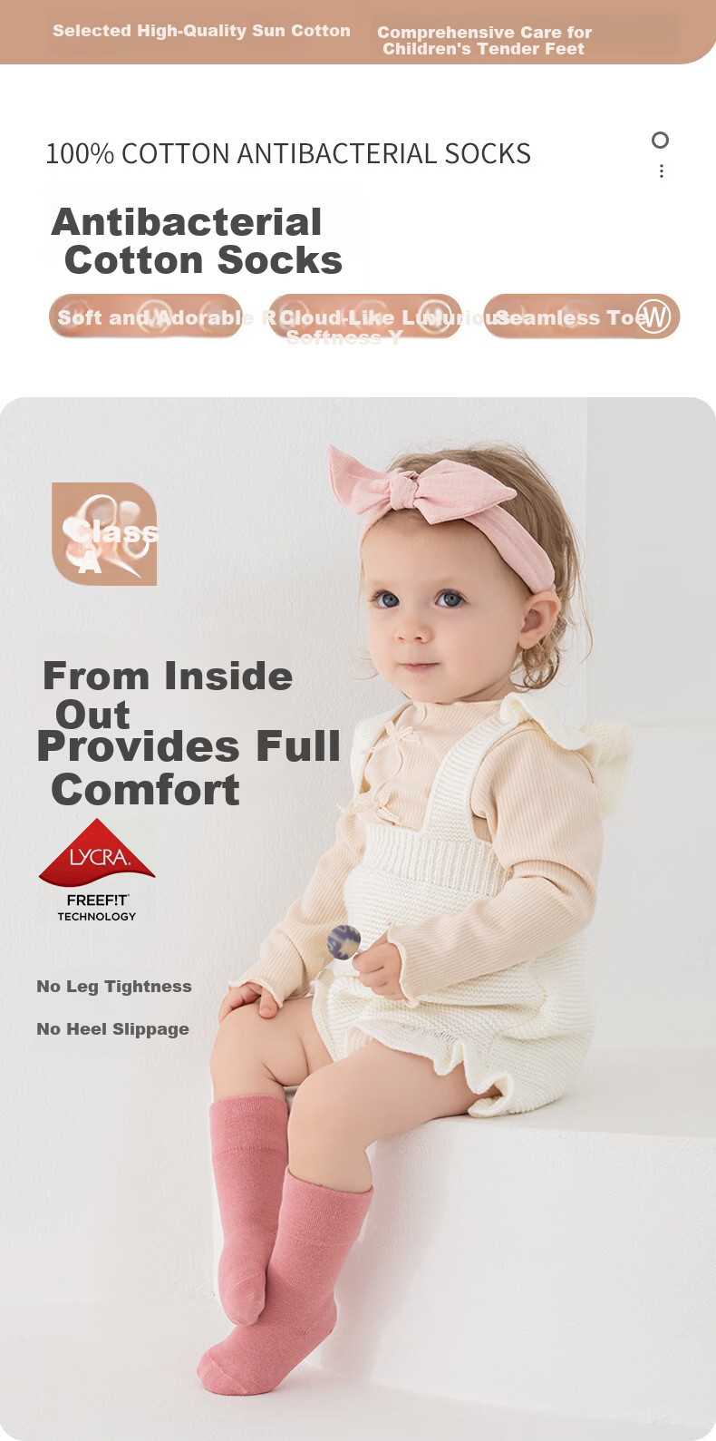Five Cotton Flowers Children's Socks Spring Summer Combed Cotton Solid Color Baby Socks Seamless Soft Cuff 100% Cotton Mid-Calf Socks Class A 1