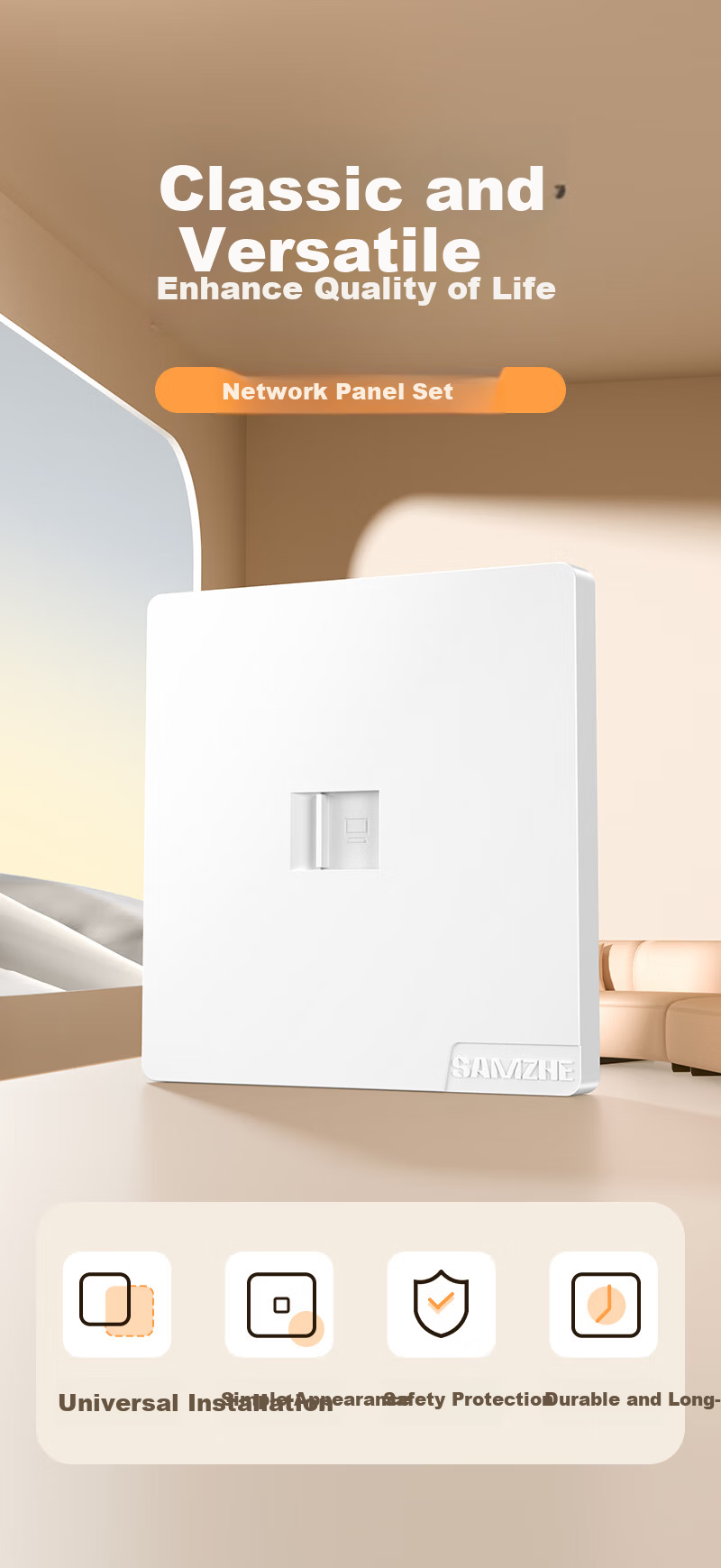 Sanze Network Ethernet Wall Plate Cat6 UTP Gigabit Tool-Free Module Panel Set 86-Type Thickened Single-Port Flame Retardant Panel + Cat6 Module Set SZ-MBT10 1