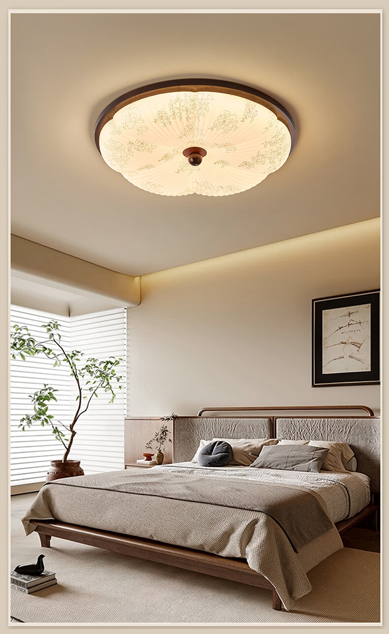 NVC LED New Chinese Style Solid Wood Vintage Ceiling Bedroom Eye Protection Light Ra95 Comfortable 48W Round Lamp 8