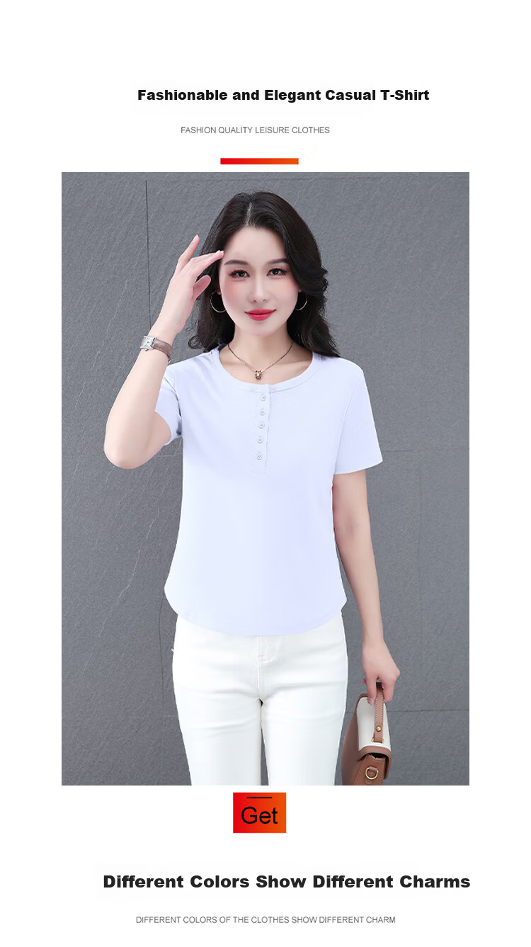 Woodpecker Women's Regular Shoulder Short Sleeve T-Shirt Casual 2025 Summer Slim Button Solid Color Half Sleeve Top Black L 1