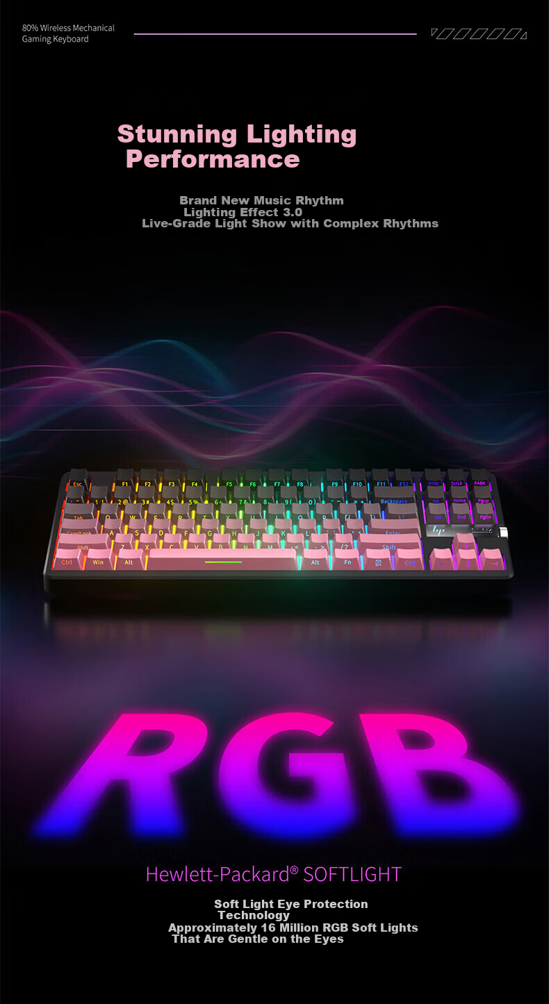 HP GT87 Custom Wireless Tri-Mode Bluetooth Gaming And E-Sports Dedicated Computer Keyboard with White Equal Height Lines And Glass Switches 5