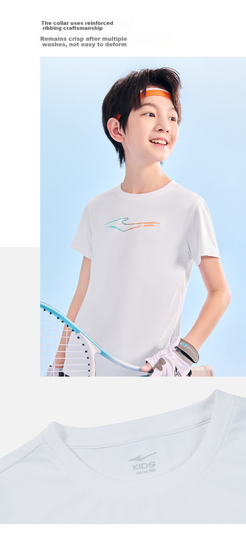 ERKE Kids Boys and Girls Quick-Dry Short Sleeve Children's Crew Neck Summer UV50+ Sun Protection T-Shirt White 110 7