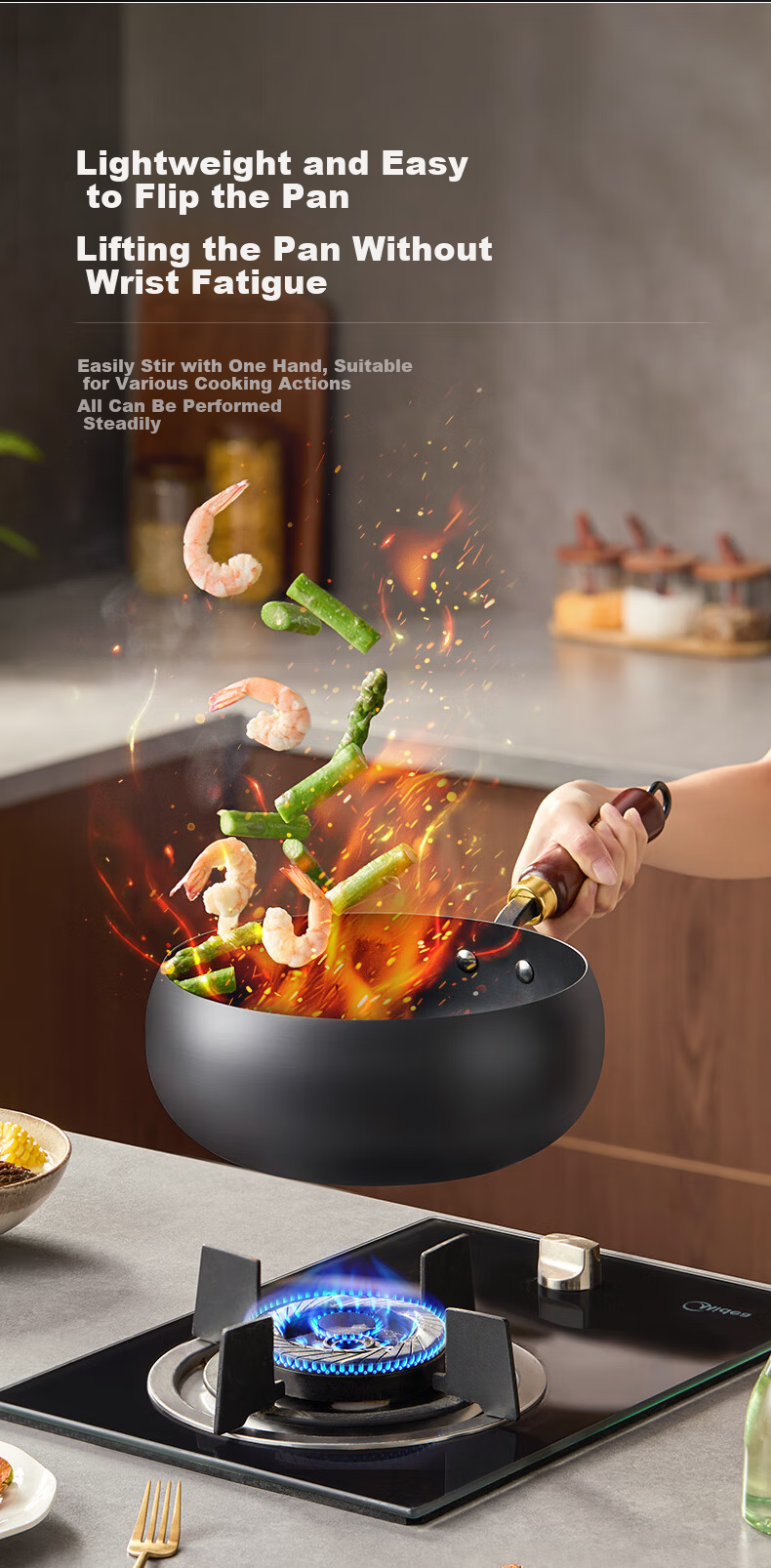 Midea Large Capacity Non-Stick Iron Wok Stir-Fry Pan Pumpkin Pot Compatible with Induction and Gas Stoves Rust-Resistant 7