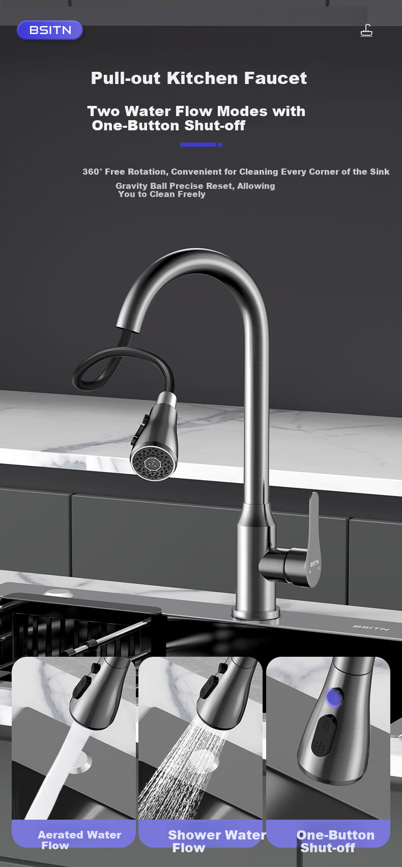 BSITN Kitchen Single Bowl Integrated Undermount Thickened Stainless Steel Nano Sink with Faucet BS009 3