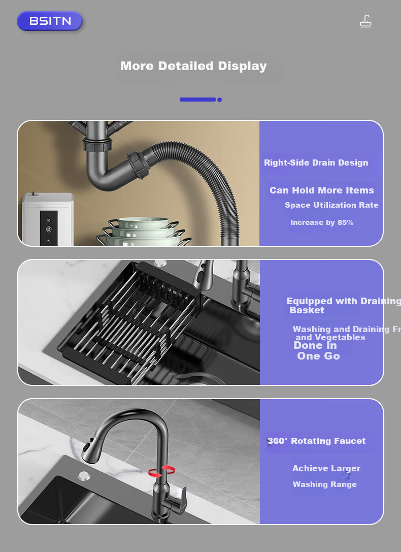 BSITN Kitchen Single Bowl Integrated Undermount Thickened Stainless Steel Nano Sink with Faucet BS009 4