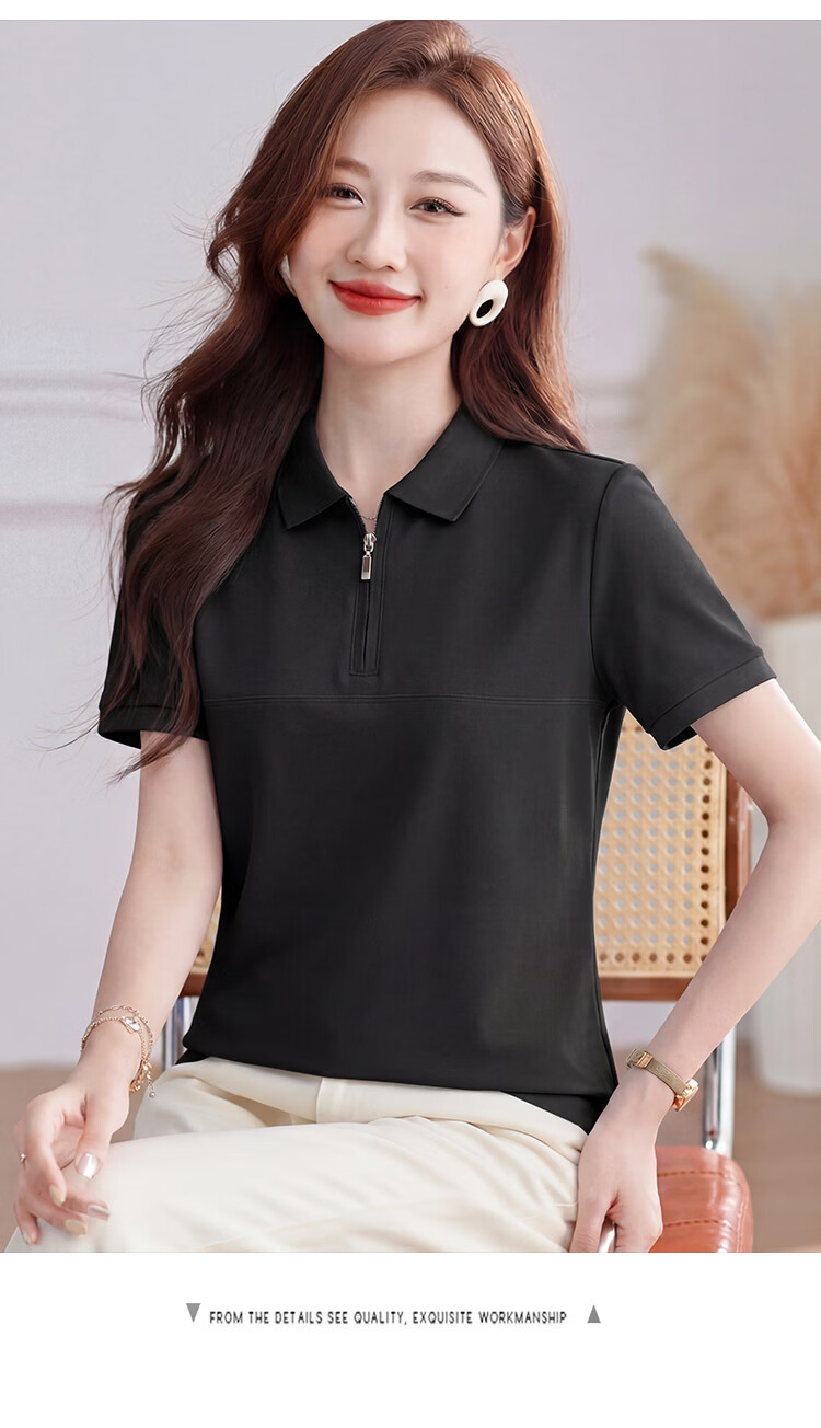 TUCANO Women's Short Sleeve Solid Color Antibacterial Half-Zip Polo Shirt Fashionable Versatile Top White XL 13