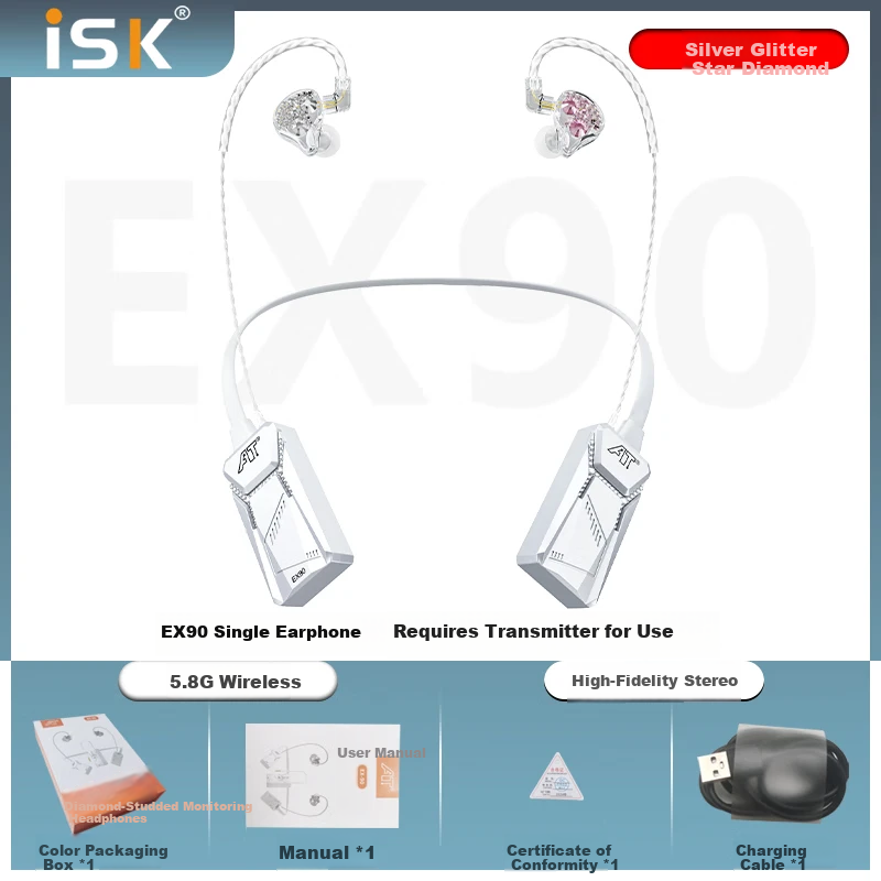 AT EX90 Professional Live Monitoring Earphones Long Cable In-Ear Earbuds for Mobile PC Karaoke High-Fidelity Gaming Recording Sound Card Diamond-Studded Silver Pink Single Earphone