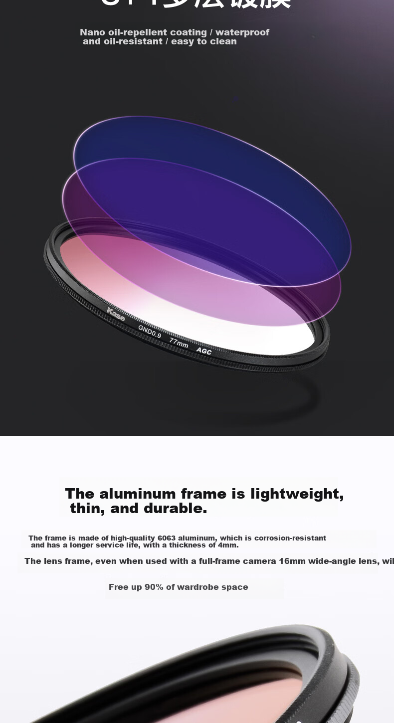 Kase GND0.9 Graduated Neutral Density Filter 40.5mm Soft Grad Gray Glass Multi-Coated Sunrise Sunset Photography Light Balance AGC 5