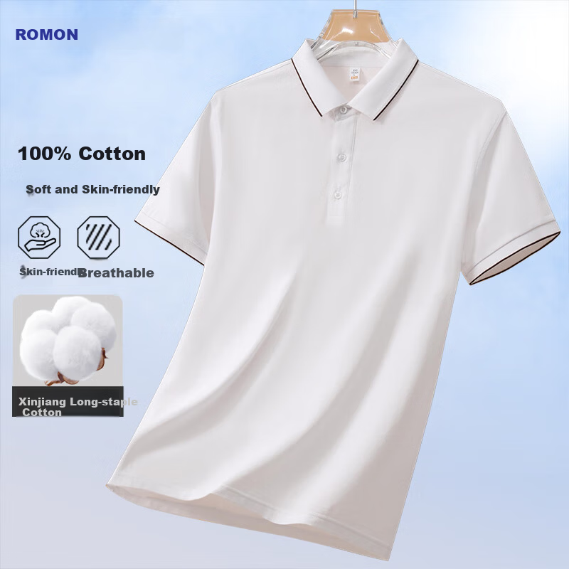 ROMON 100% Cotton Short Sleeve Polo Shirt Men Summer Business Casual Xinjiang Long Staple Cotton Dad T-Shirt