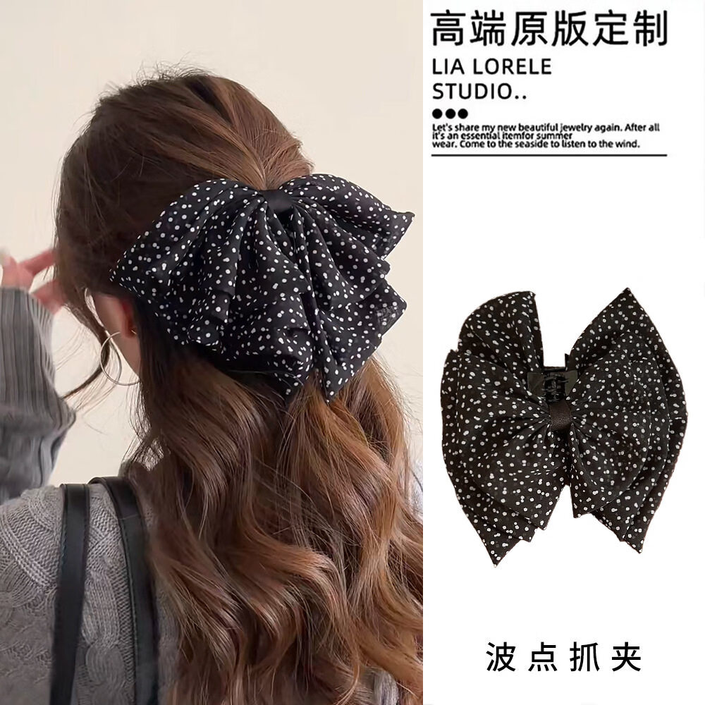Dongyi Selected Vintage Polka Dot Three-Layer Tulle Bow Ponytail Clip Half-Up Hair Bun Shark Clip Hair Accessories 1