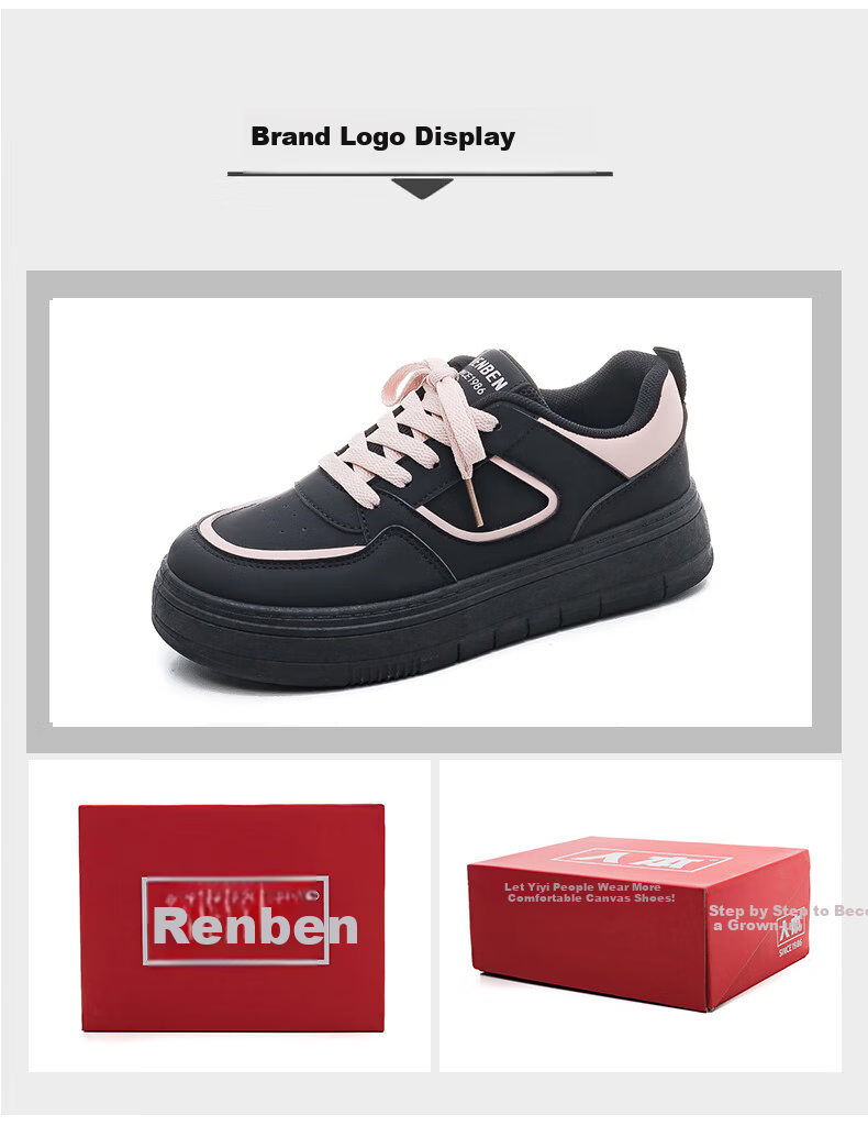 RENBEN 2026 Spring New Chic Original Black and Pink Casual Breathable Thick-Soled Sports Sneakers White Shoes 9