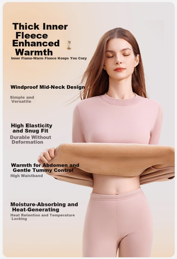 Caiyue Women's Mid-High Collar Thermal Underwear Set with Flame Warm Fleece, Thickened and Windproof Winter Base Layer 4