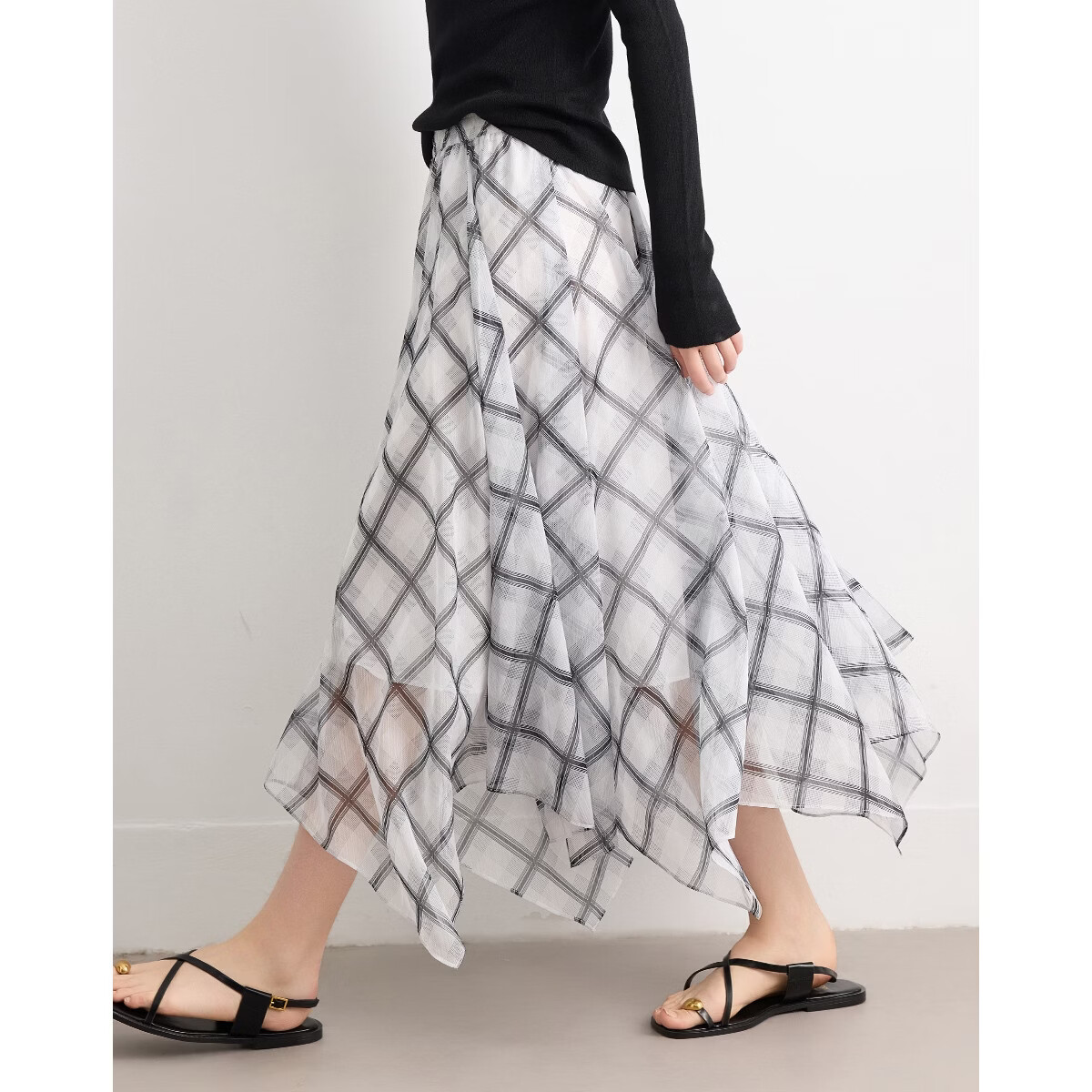Demana Extra Romantic Summer Vintage Plaid Chiffon Print Elastic Waist Irregular Lightweight Flowing Women's Skirt