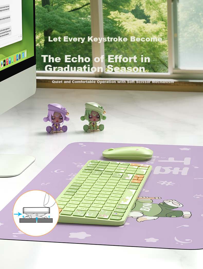 BOW Hangshi Yun Ding Xiang Jian Student Graduation Season College Entrance Exam Gift Ultra-Thin Dual-Mode Rechargeable Wireless Bluetooth Keyboard And Mouse Set for Office And Home Use 79 Keys - Chunche 6