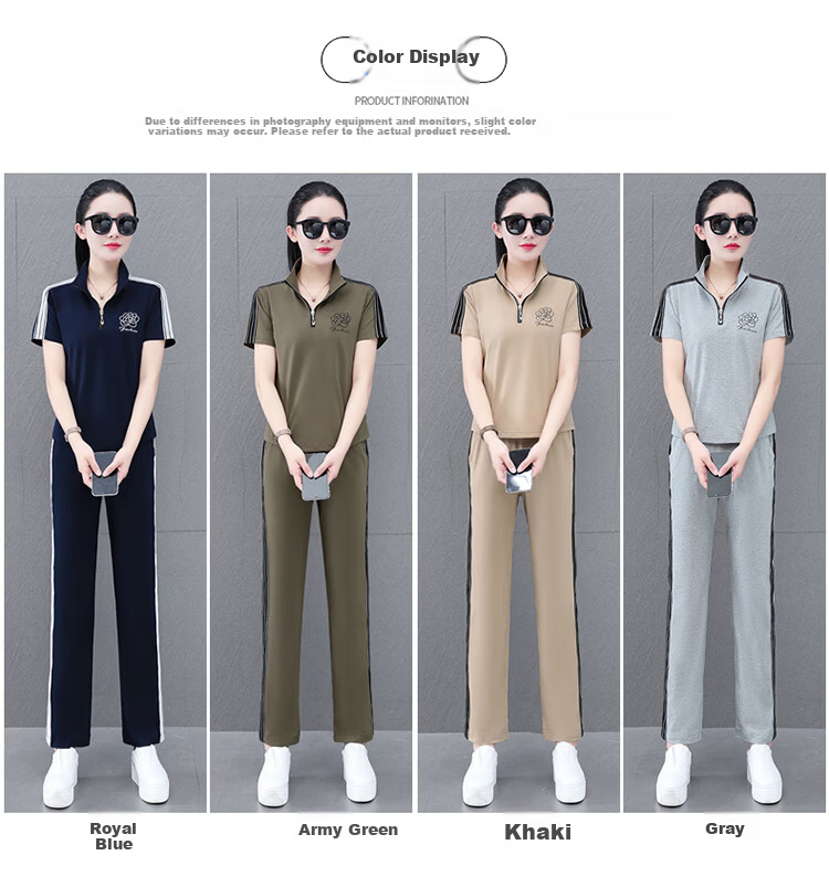 Woodpecker Zipper Sportswear Set for Women Summer Thin Cotton Middle-aged Fashion Casual Stand Collar Two-piece Khaki 2XL 10