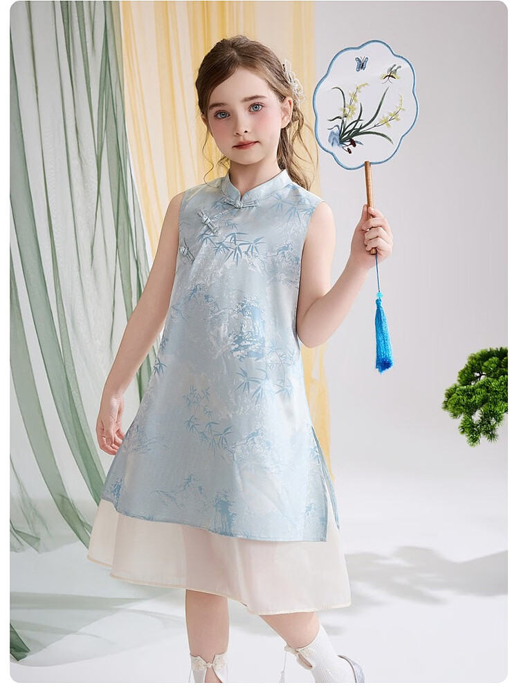 ASK JUNIOR Chinese Style New Mid-Summer Girls' Dress Large Kids Two-Piece Illusion Mesh Dress 13