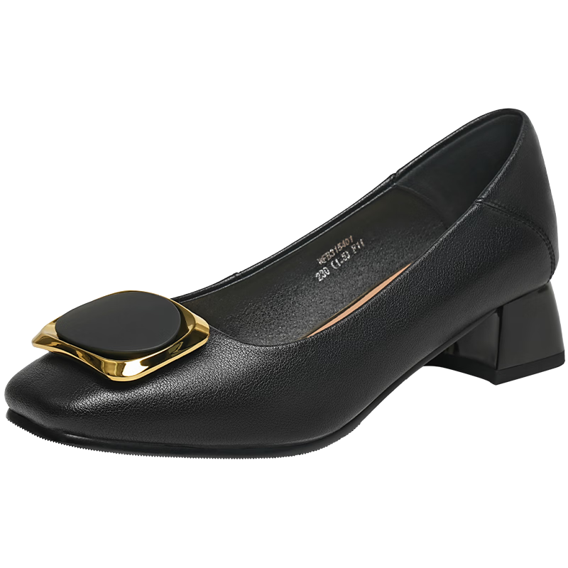 RED DRAGONFLY Spring And Summer Shallow Women's Chunky Heel Chanel-Style Leather Shoes, Professional Commuter Mom Shoes, High Heels WFB31540 Black Size 35
